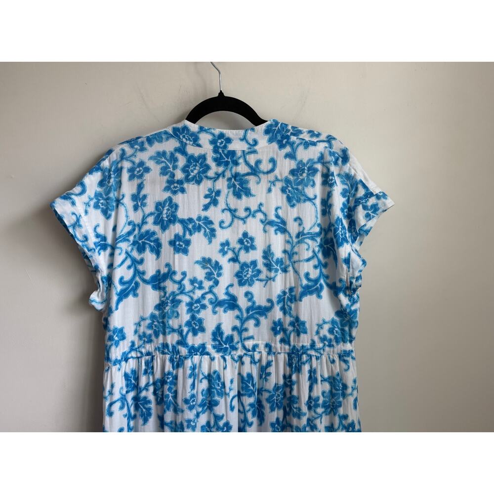 Ro's Garden Floral Print Cap Sleeve Tassel Tie Tiered Midi Dress White Blue Med - Picture 9 of 10